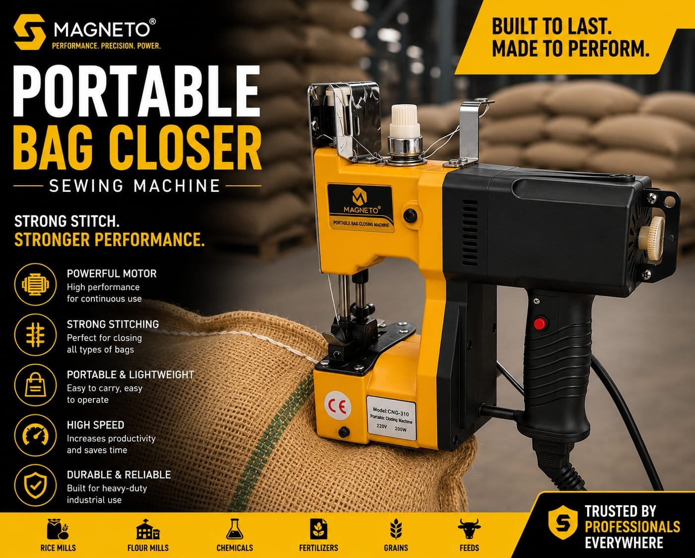 Industrial bag closer machine spare parts for rice mills, flour mills, packaging industries, and factories in India.