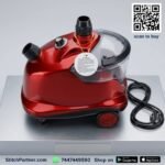 Handheld clothes steamer removing wrinkles from a cotton shirt