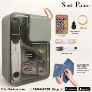 Portable mini sewing kit box with 15 color thread spools and sewing accessories