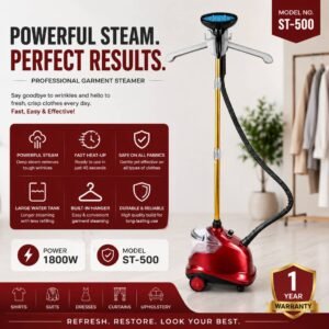 Universal Multi-Fabric Garment Steamer with detachable water tank and fabric brush