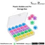 Clear plastic bobbin storage box with individual grid slots