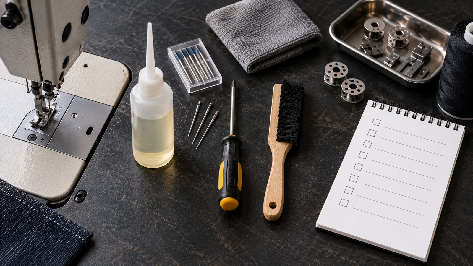 Overhead flatlay of industrial sewing machine maintenance tools: oil, screwdriver, lint brush, spare needles, and a checklist notepad