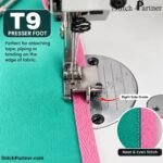 Eight industrial sewing machine presser feet arranged together
